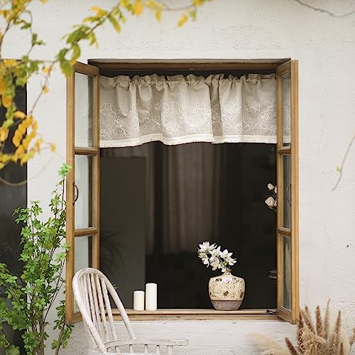 SUTAVIA Kitchen Window Valances Linen Fabric with Cotton Embroidery Floral Pattern Lace Rod Pocket Window Curtain Topper Roral Rustic Home Decor for Living Room