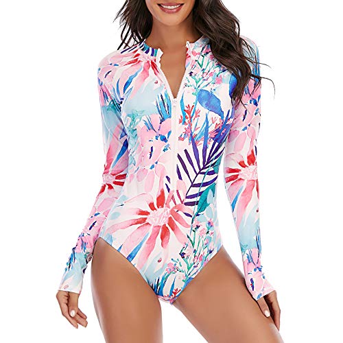 Zando Women's Athletic One Piece Swimsuits Long Sleeve Bathing Suit for Women Plus Size Zipper Rash Guard Swimsuit Blue Pink Leaf 6-8