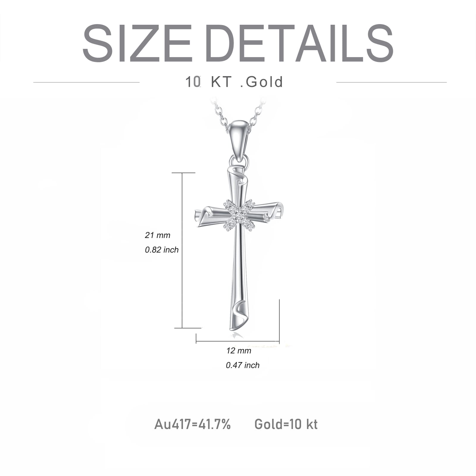SISGEM 10K Real Gold Cross Necklace for Women, White Gold Cubic Zirconia Cross Pendant Necklace Cross Jewerly Gifts for Birthday Christmas 16+1+1 inch (10K-White)