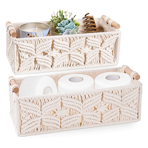 Macrame Storage Basket Boho Decor Bathroom Baskets for Organizing, Toilet Tank Basket for Bathroom Woven Decor Basket with Handle Bedroom Nursery Living room Entryway (Grey)