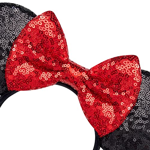 YUNISS 2 PCS Mouse Ears, Shiny Red Sequin Bow Mouse Ears Headbands for Adult Women Girls Christmas Birthday Party (Red)