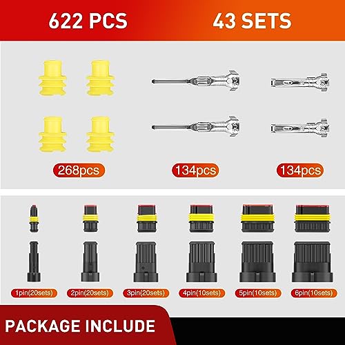 Nilight 622PCS 1 2 3 4 5 6 Pin Electrical Connector Plug Male Female Terminal Wire Connector Waterproof Quick Connect Set for Car Truck Motorcycle Marine Boat 43 Sets