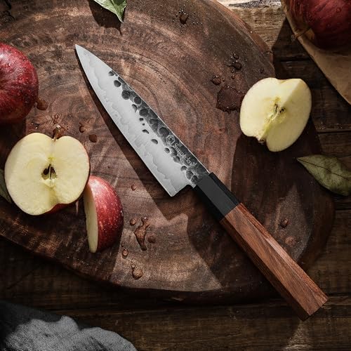 Sunnecko 5.5 Inch Fruit Knife, Kitchen Paring Knife Japanese 9CR18MOV 3-Layered High Carbon Stainless Steel Pearing Knife Wood Handle for Fruit