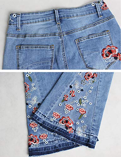 Women's Flared Fit Jeans Bell Bottom Denim Pants with Contrast Wash Hem Detail (Embroidered Blue, 4)