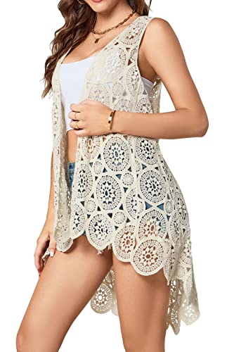 Women's Crochet Lace Vest Boho Sleeveless Kimono Irregular Hem Cardigan (Navy-W03)