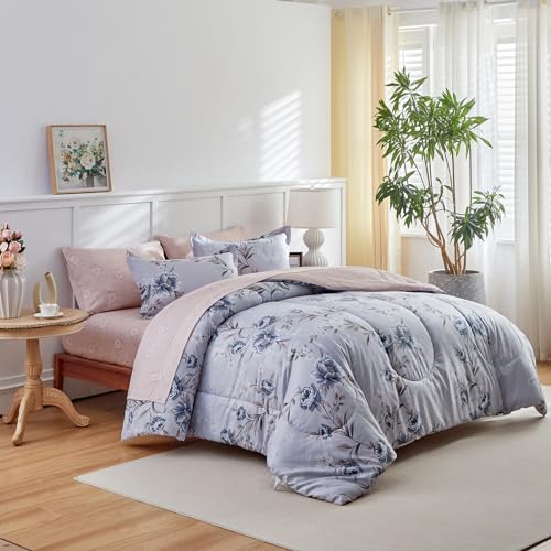 Flower Bed in a Bag 6 Pieces Twin size Blue Gray Floral Comforter Sheet Set Soft Microfiber Lightweight Summer Bed Set (1 Comforter 2 Pillow Shams 1 Flat Sheet 1 Fitted Sheet 1 Pillowcases)