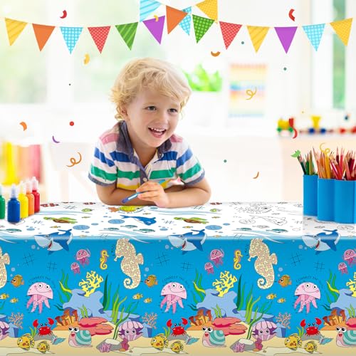 Remagr 3 Pieces Giant Ocean Coloring Poster Ocean Animals Coloring Paper Tablecloth Under The Sea Coloring Poster Table Cover for Classroom Birthday Activity Party Supplies, 54 x 108 Inches