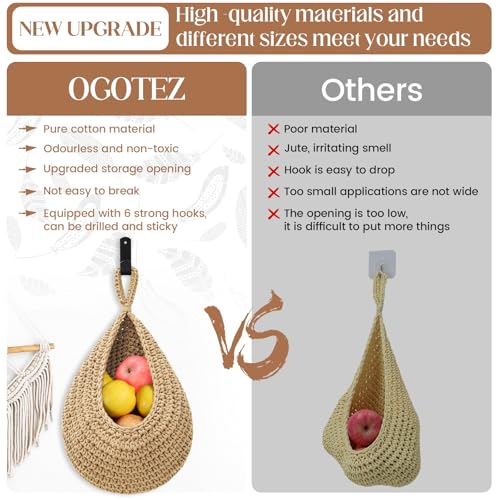 Wall Hanging Baskets for Organizing - 3 Pack Hanging Fruit Basket with 6 Pcs Strong Hooks, Handwoven Onion Storage Teardrop Home Onion Basket for Fruits Vegetable Potato Kitchen Storage(Light Linen)