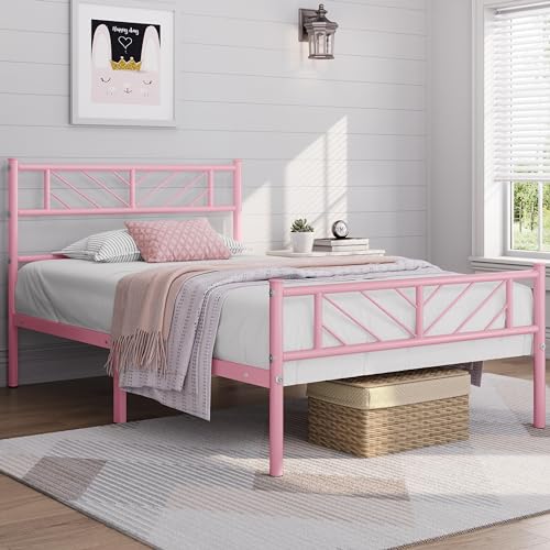 Yaheetech Twin Size Platform Bed Frame with Arrow Design Headboard,13 Inches Metal Mattress Foundation for Storage,No Box Spring Needed,Easy Assembly,Modern,Antique Gold