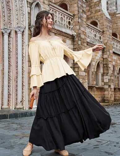 Womens Summer Tops Dressy Casual Bell Sleeve Renaissance Pirate Shirt Hide Tummy Peplum Blouse Apricot S