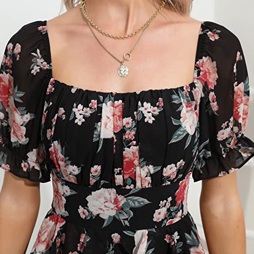 EXLURA Womens Summer Dress Floral Ruffle Tiered Square Neck Sundress Short Sleeve Off Shoulder Smocked Mini Dresses