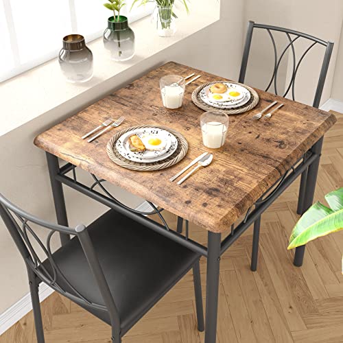 Amyove 3 Piece Kitchen Table Set, Dining Table and Chairs for 2, Metal and Wood Square Dining Room Table Set with 2 Upholstered Chairs, Kitchen Table Set for Small Space, Apartment, Rustic Brown