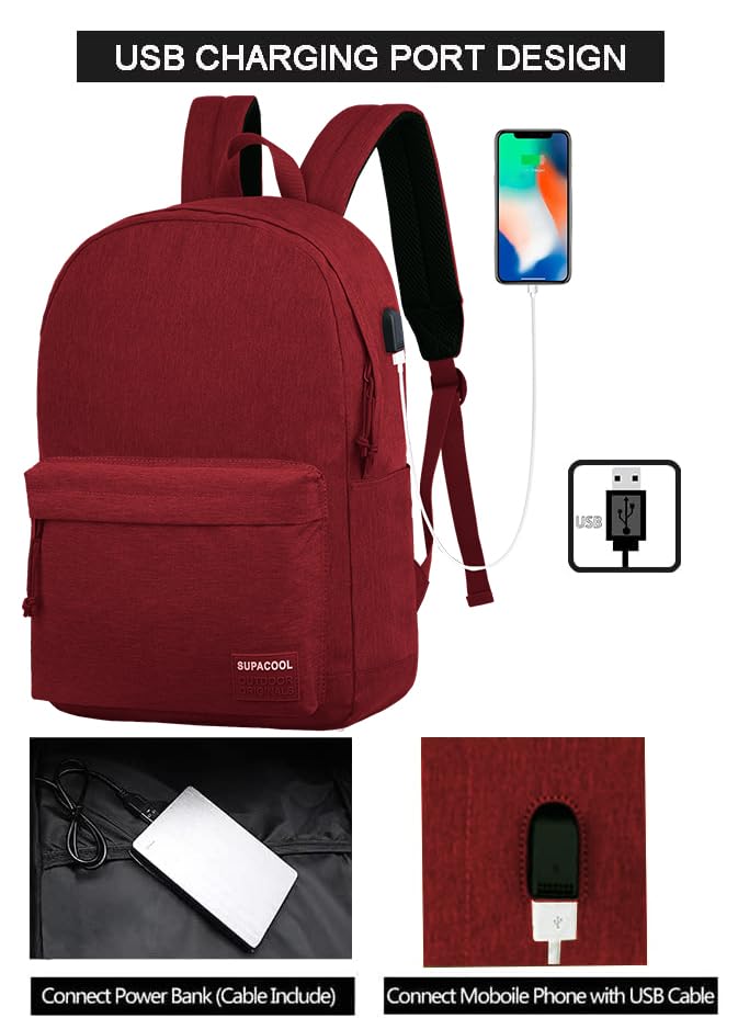 SUPACOOL Lightweight Casual Laptop Backpack & Pencil Pouch, School Backpack with USB Charging Port for Men and Women, Bookbag for Boys and Girld, Work Backpack(Garnet set)