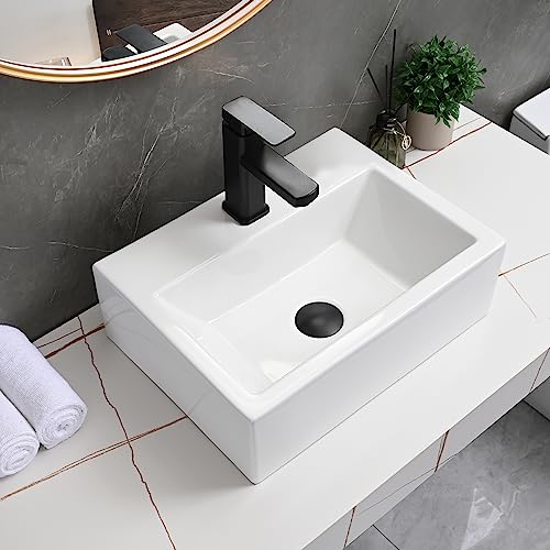DELAVIN 16"x12" in Modern Bathroom Vessel Sink, White Ceramic Bathroom Sink, Rectangle Above Countertop Bathroom Vessel Sink, Ceramic Rectangular Bathroom Vessel Sink With Faucet Hole