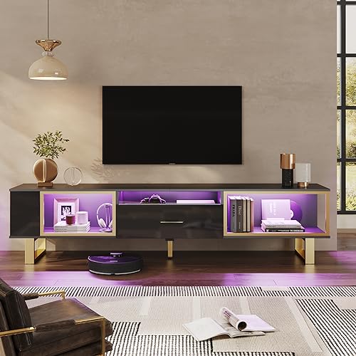 Bestier TV Stand for 65/70/75/80 Inch TV, LED Gaming Entertainment Center with Open Storage and Half-Glass Design Drawer, Modern High Gloss TV Console Table for Living Room, Black and Gold