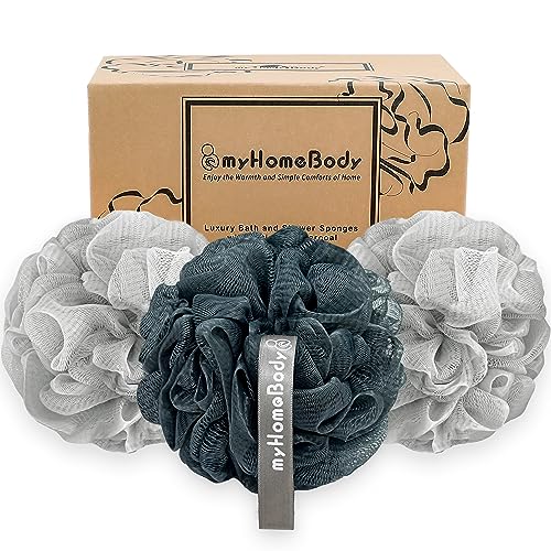 myHomeBody Large 70g Loofah Sponge, Body Scrubber, Bath Sponge, Loofah for Women, Men, Exfoliating Sponge Shower Pouf with Activated Charcoal - 2 Fog Gray + 1 Midnight Blue, 3 Pack