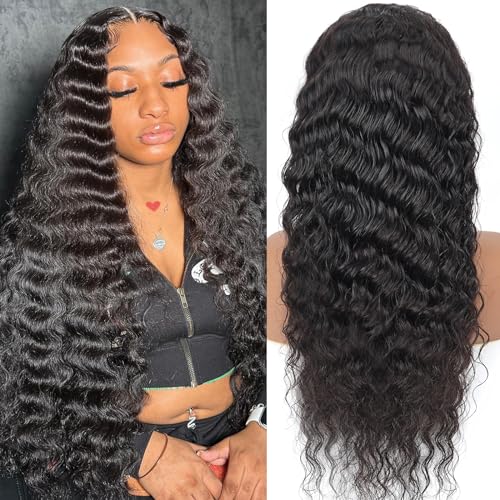 XVE Deep Wave 13x4 Lace Front Wigs Human Hair Pre Plucked 180% Density HD Transparent Lace Frontal Wig Wet And Wavy Wigs For Women Brazilian Hair Curly Glueless Wig Natural Black Color 20 Inch