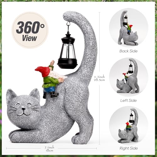 Snowrabbit Cat Statue Garden Decor with LED Lantern, Solar Cat Figurine for Outside -11" Tall Resin Kitten Yard Art Gifts for Mom,Birthday Gift for Women,Cat Statues for Garden,Patio,Yard Decoration