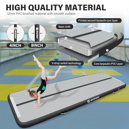 AKSPORT Gymnastics Air Mat Tumble Track Tumbling Mat Inflatable Floor Mats with Electric Air Pump for Home Use/Tumble/Gym/Training/Cheerleading/Parkour/Beach/Park/Water(Mint Green, 6.56ftx3.3ftx4inch)