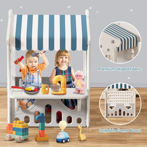 BIERUM Kids Playhouse with Cute Kids Pretend Play Kitchen Toys Set, Outdoor Playhouse for Toddlers Aged 1-3, with Windows, Door Curtains and Foldable Stand and Play Platform