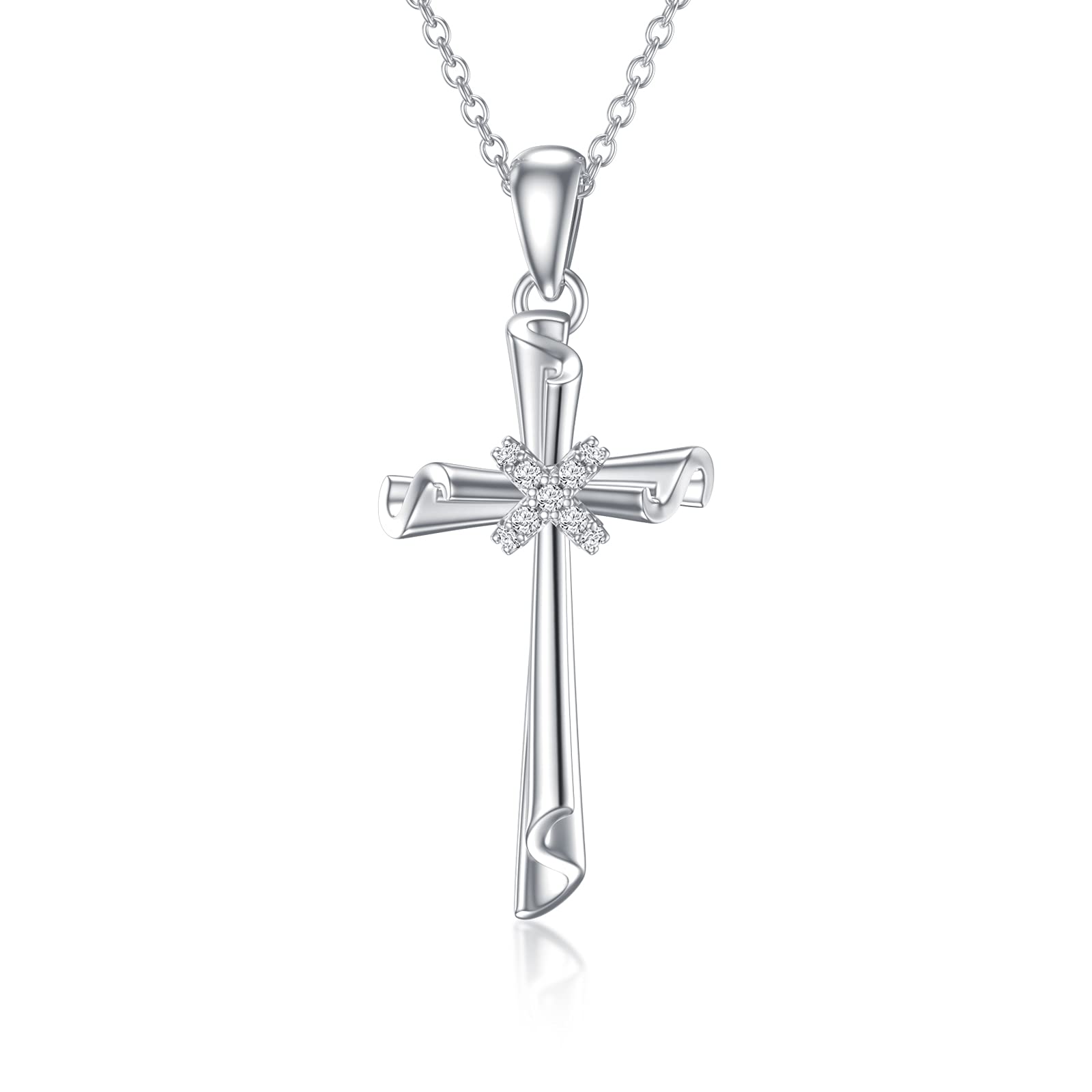 SISGEM 10K Real Gold Cross Necklace for Women, White Gold Cubic Zirconia Cross Pendant Necklace Cross Jewerly Gifts for Birthday Christmas 16+1+1 inch (10K-White)