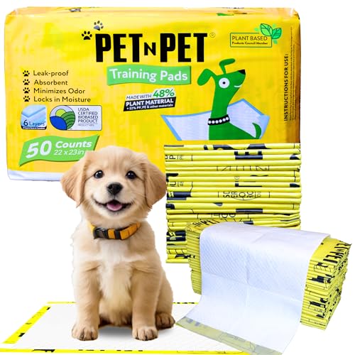 Pet N Pet Pee Pads for Dogs, 50 Counts Puppy Pads, 48% USDA Certified Plant Based Puppy Pee Pads, Unscented Dog Pad, Leak-Proof Training Pads for Dogs, Absorbent Dog Training Pads, Dog Pee Pads