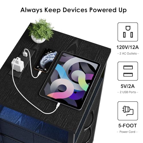 Fixwal Night Stand with Charging Station, Tall Nightstand with U-S-B Ports and Outlets, 4 Fabric Storage Drawers with PU Finish, Small Dresser Bed Side Table, Black