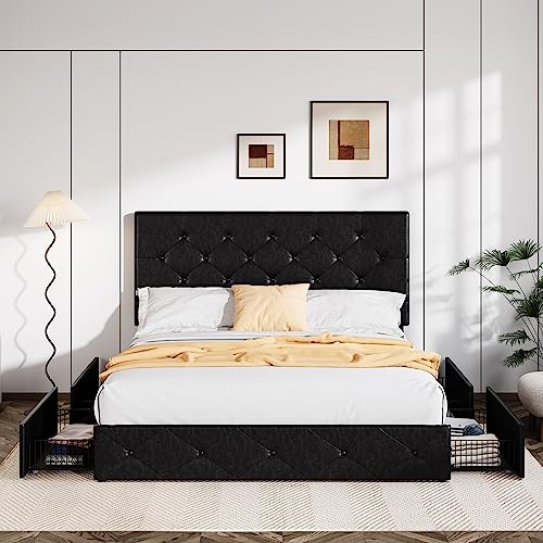 Allewie Upholstered Queen Size Platform Bed Frame with 4 Storage Drawers and Headboard, Diamond Stitched Button Tufted, Mattress Foundation with Wooden Slats Support, No Box Spring Needed, Black Brown