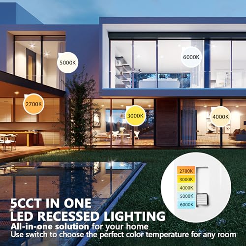 LVWIT LED Recessed Light 4inch, Can Lighting Color Selectable 2700/3000/4000/5000/6000K 5CCT, 7W(85W Equivalent) Dimmable Downlight with E26 Conversion Kit, Retro Fit Ceiling Light Fixtures, 6 Pack