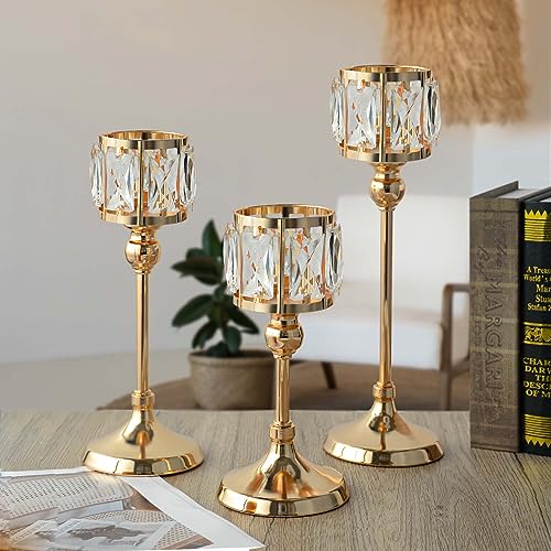 Set of 3 Cup Crystal Tealight Candle Holders, Centerpieces for Table Wedding Centerpieces Crystal Decorative Tealight Candle Dining Table Candle Holder Decor for Party (8.7"+10.6"+12.2", Gold)