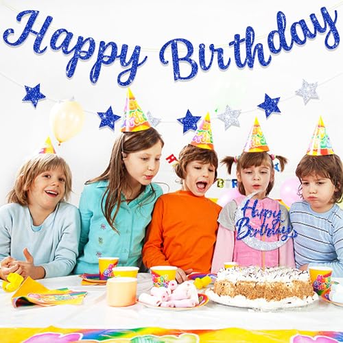Blopee Large Happy Birthday Banner, Blue Happy Birthday Banner for Men/Women, Blue Happy Birthday Sign for Backdrop, Blue and Silver Happy Birthday Banner for Royal Blue Happy Birthday Decorations