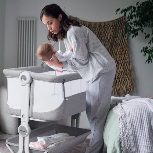 Cowiewie Baby Bassinet 2-1 Beside Sleeper with Wheels & Hanging Toys for Baby Foldable Adjustable Height Portable Bassinets (GREY)