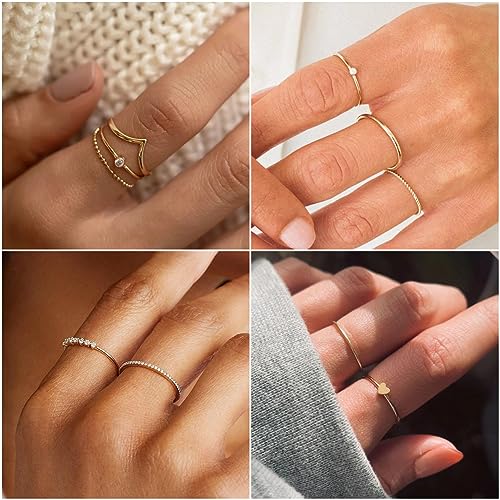 Honsny 8PCS 14K Gold Plated Rings for Women, Dainty Gold CZ Cross Heart Stackable Rings Stacking Band Ring Set for Women Size 4-11