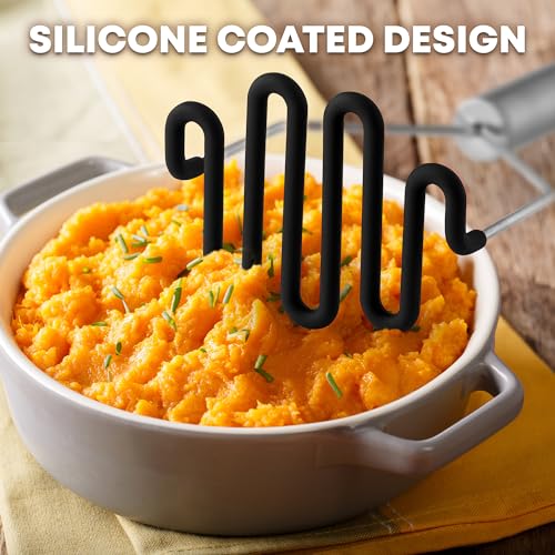 Zulay Kitchen Non-Scratch Potato Masher Kitchen Tool - Durable Stainless Steel Wrapped In Premium Silicone Mashed Potatoes Masher - Versatile Masher Hand Tool & Potato Smasher (Black)