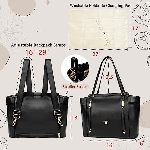 miss fong Diaper Bag Tote Leather Diaper Bag Backpack,Large Capacity Mommy Bag Hospital Bag,12 Pockets Travel Diaper Tote with Changing Pad,Stroller Straps & Insulated Pockets for Mom & Dad-Black