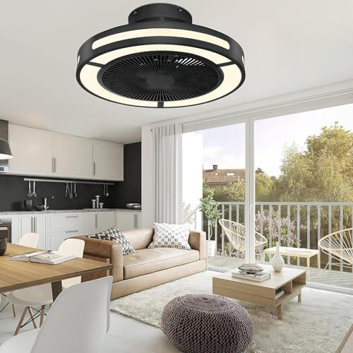 Ohniyou Enclosed Ceiling Fan With Lights,19" Bladeless Ceiling Fan With Lights and Remote,Low Profile Ceiling Fan With Dimmable Led Night Light, Flush mount Ceiling Fan For Bedroom,Living Room