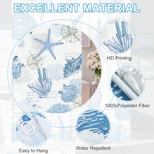 Likiyol 3 Pcs Nautical Beach Shower Curtain Sets with Rugs, Coastal Bathroom Set with Shower Curtain and Rugs, Ocean Bathroom Rug Set, 15.7'' x 23.6'' & 19.6'' x 31.5'' Rug for Brhroom, Kitchen