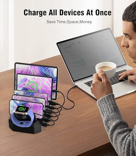95W Charging Station for Multiple Devices, 6-Port USB Charging Dock with 2 PD Ports, Multi Charging Station Compatible with MacBook,Cellphones, iPad, Kindle, Tablets (Includes 8 Cables & 2 Stands)