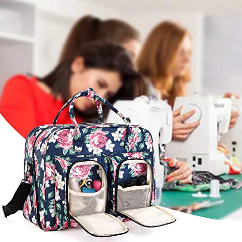 Teamoy Sewing Machine Carrying Case, Sewing Machine Tote with Bottom Wooden Board Pad for Most Standard Sewing Machines and Accessories, Blue Peony