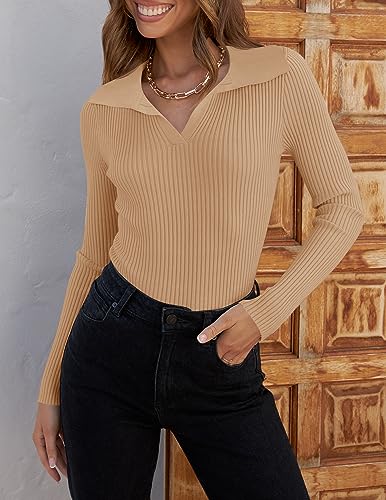 ZESICA Sweaters for Women 2024 Fall Long Sleeve V Neck Ribbed Knit Pullover Tops Casual Slim Fit Basic Tee Shirts,Navy,Large