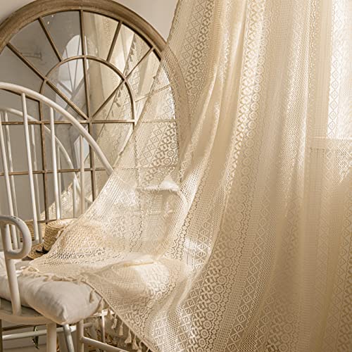 Sutuo Home White Boho Curtains 2 Panels 96 Inches Length for Bedroom Living Room Patio, Window Treatments Bohemian Sheer Knitted Crochet Lace Vintage Drapes Pair Tassels, Rod Pocket, 52" x 96"