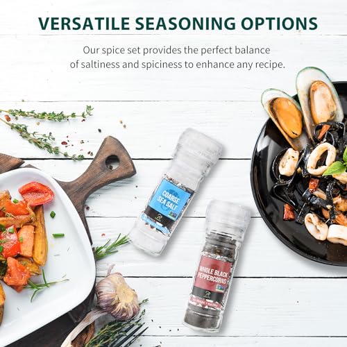 Soeos Sea Salt 3.5 oz + Black Peppercorns 1.8 oz, Salt for Grinder Refill, Salt and Peppercorns, Pepper Grinder Refill, Non-GMO Spice Seasoning Set For Cooking (150g Grinders, Glass Bottle)