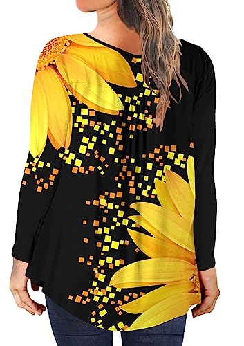 Girdtyd Womens Plus Size Tunic Tops Casual Floral Long Sleeve Henley Neck Ruffle Blouses Spring/Autumn Fashion T Shirts 2XL