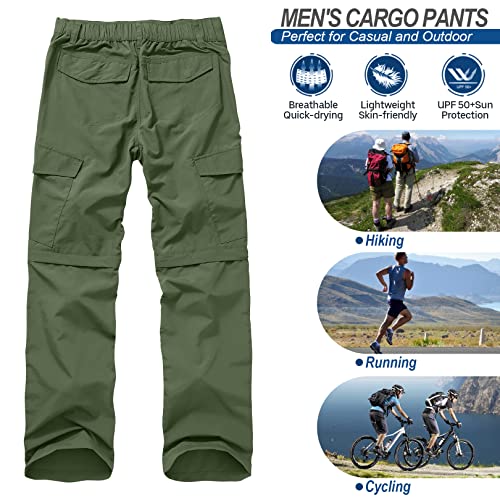 Mens Hiking Pants Convertible Quick Dry Zip Off UPF Lightweight Fishing Travel Camping Safari Pants,Army Green,30