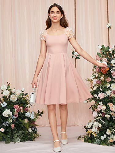 WDIRARA Girl's Appliques Mesh Puff Sleeve Square Neck Ruffle Hem Dress Pink 8-9Y