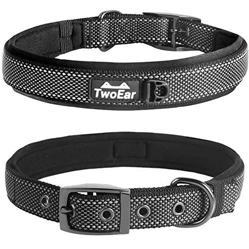 TwoEar Dog Collars for Small Dogs, Heavy Duty Dog Collar with Soft Neoprene Padded, Adjustable Reflective Nylon Dog Collar with Metal Buckle (S, Black)
