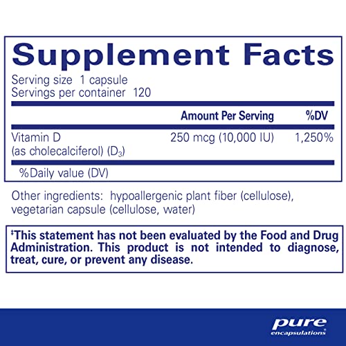 Pure Encapsulations Vitamin D3 250 mcg (10,000 IU) - Supplement to Support Bone, Joint, Breast, Heart, Colon & Immune Health - with Premium Vitamin D - 120 Capsules
