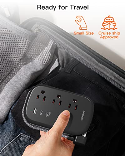 USB C Travel Power Strip, Ultra Flat Extension Cord, Flat Plug Power Strip, 3 Outlets with 3 USB Ports(2 USB C), 3.2ft Wrapped Around Extension Cord for Cruise Ship, Travel Essentials, Black