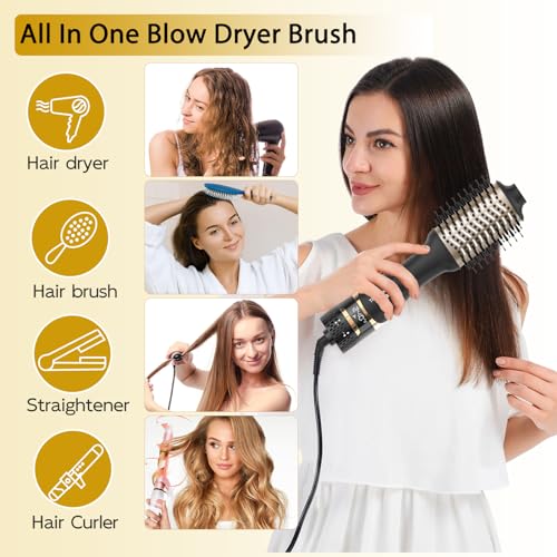 Nicebay Hair Dryer Brush, Hot Tools Blow Dryer Brush for Women, One Step Blowout Brush with Display Screen, Oval Ceramic Barrel, Negative Ion, Black and Gold