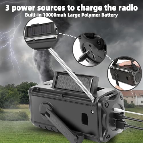 Emergency Crank Weather AM/FM Radio with 2 Solar Panels 5 Charging Modes NOAA Weather Scan 3 Modes Flashlight Cell Phone Charger SOS Alarms for Home Outdoor (Gray)